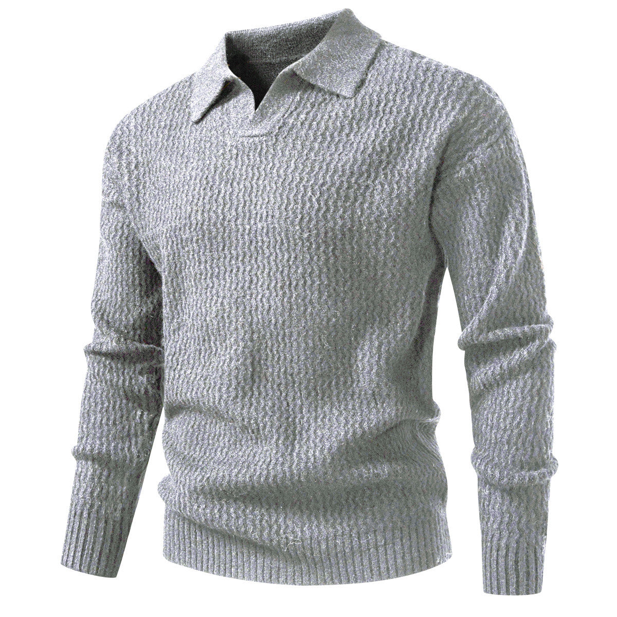 Men's polo collar fine knit sweater with textured wave design and ribbed hem Chichicherry