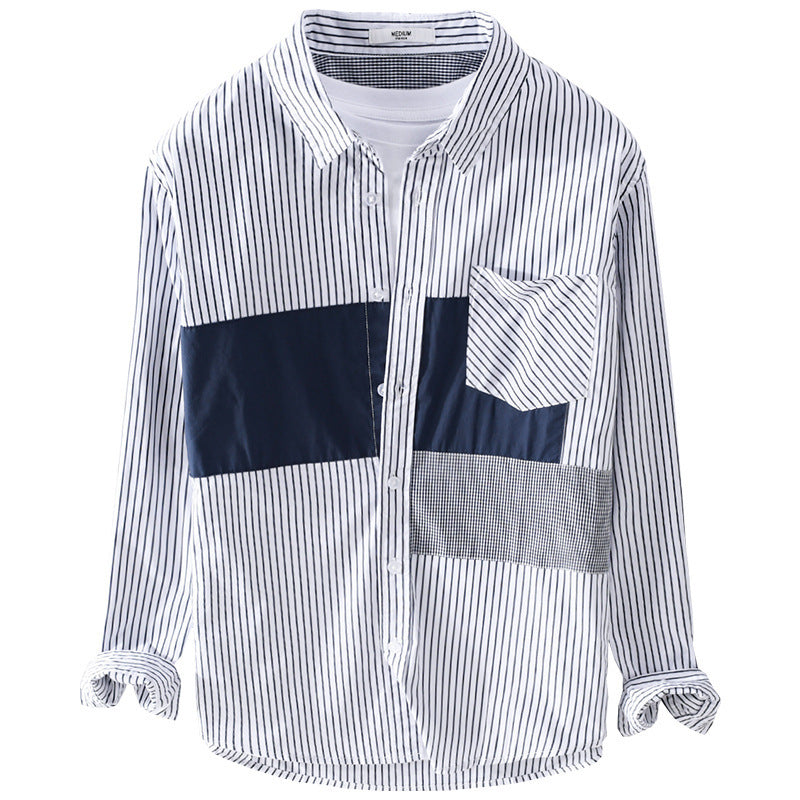 Men's Striped Overshirt with Color Block Inserts and Patch Chest Pocket Chichicherry