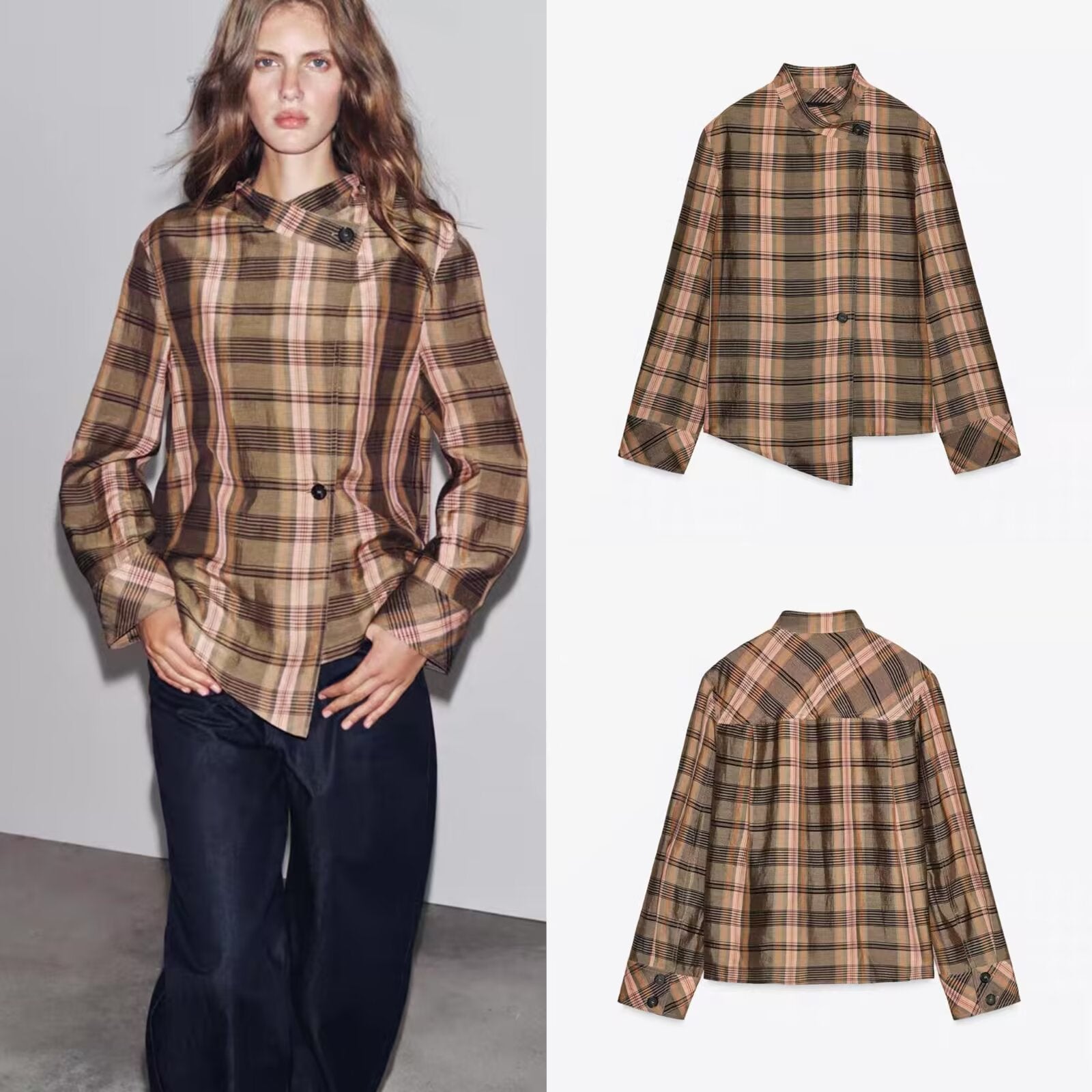 Ladies Asymmetric Cape Blouse in Check Pattern with Stand Collar and Button Closure Chichicherry