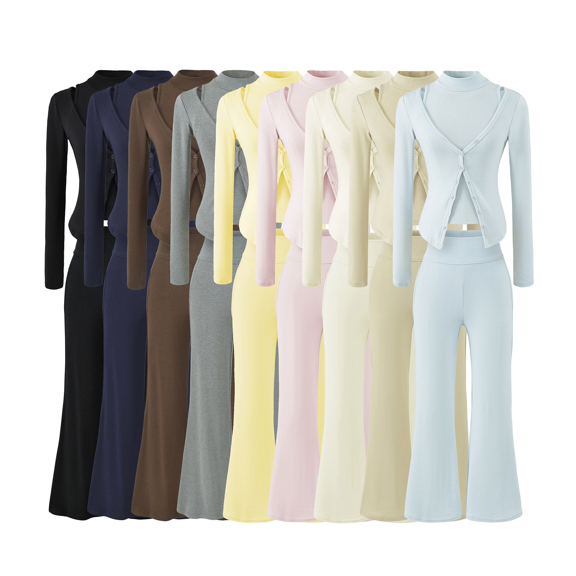 Women Figure-Hugging Layering Set with Turtleneck Long Sleeve and Asymmetrical Button Jacket and Flared High-Waist Pants Chichicherry