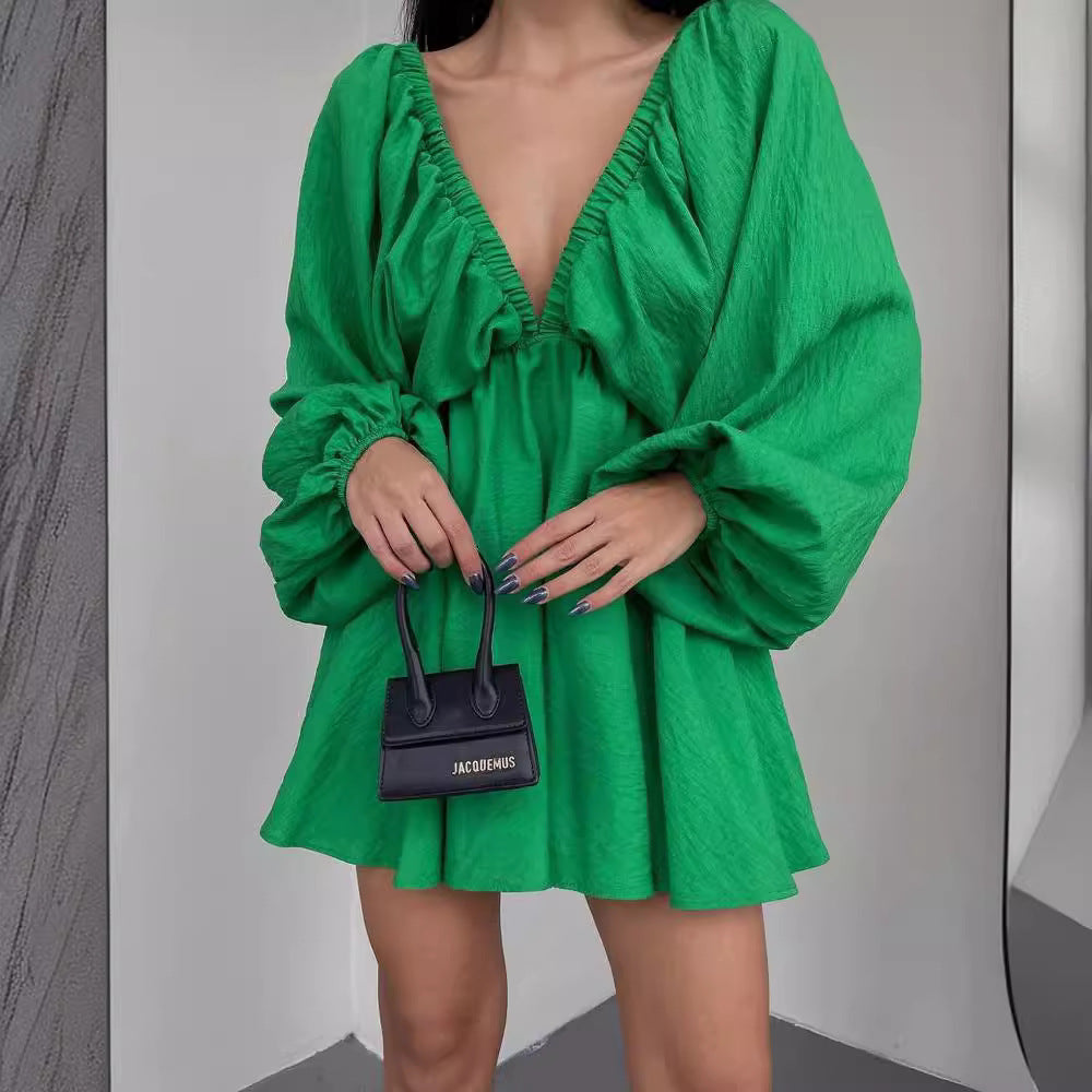 Damen Lockeres Minikleid mit tiefem V-Ausschnitt und Ballonärmeln Chichicherry