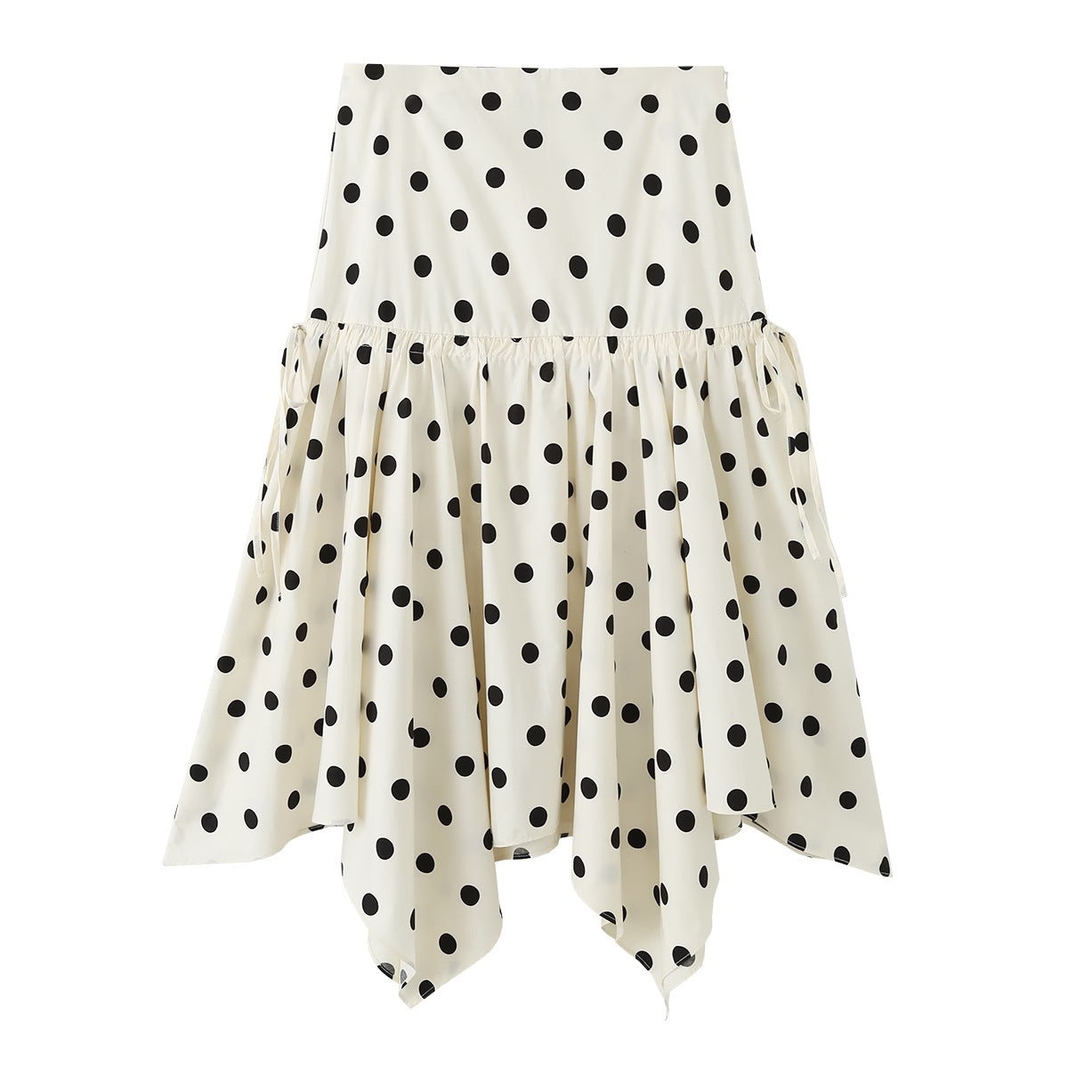 Women's midi skirt with asymmetrical jagged hem, polka dot pattern and high waistband Chichicherry
