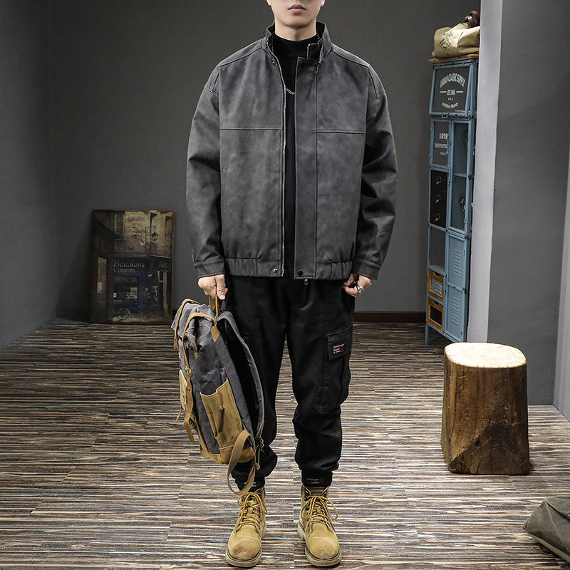 Herren Minimalistische Vintage-Kunstleder-Bomberjacke mit Stehkragen und verdeckter Druckknopfleiste Chichicherry