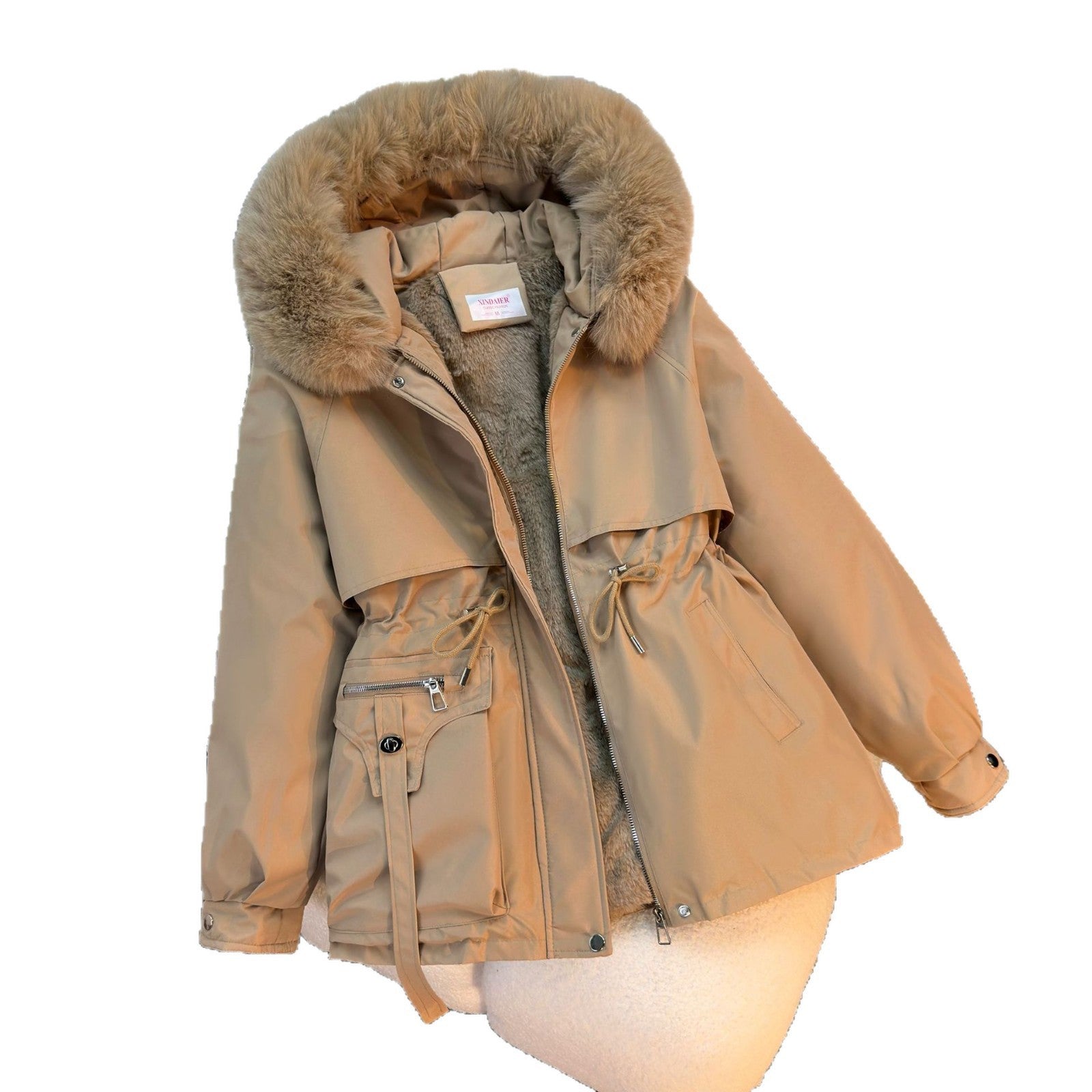 Women's short padded parka with faux fur collar, teddy lining, drawstring waist, and multifunctional pockets Chichicherry