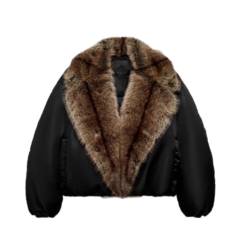 Women's Oversize Bomber Jacket with Voluminous Fur Collar and Satin Sleeves Chichicherry