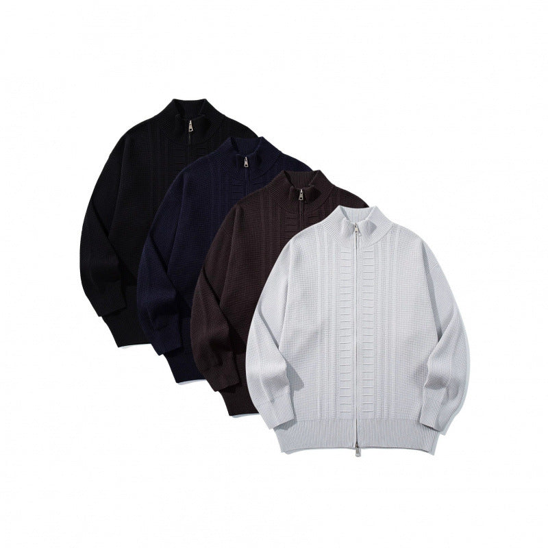 Men's chunky knit zip cardigan with high collar and double zipper Chichicherry