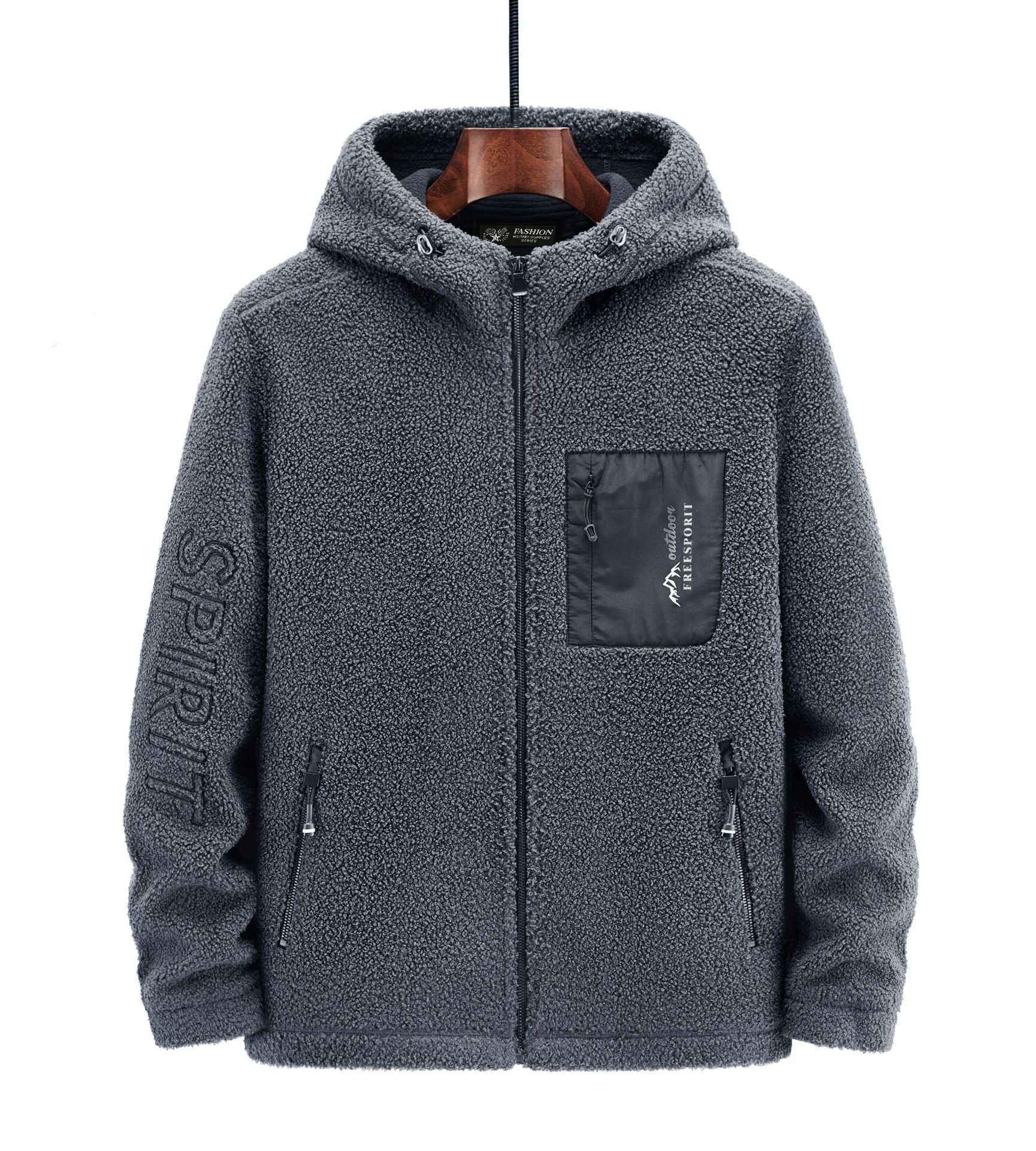 Men's teddy fleece hoodie with nylon chest pocket and two-way zipper Chichicherry