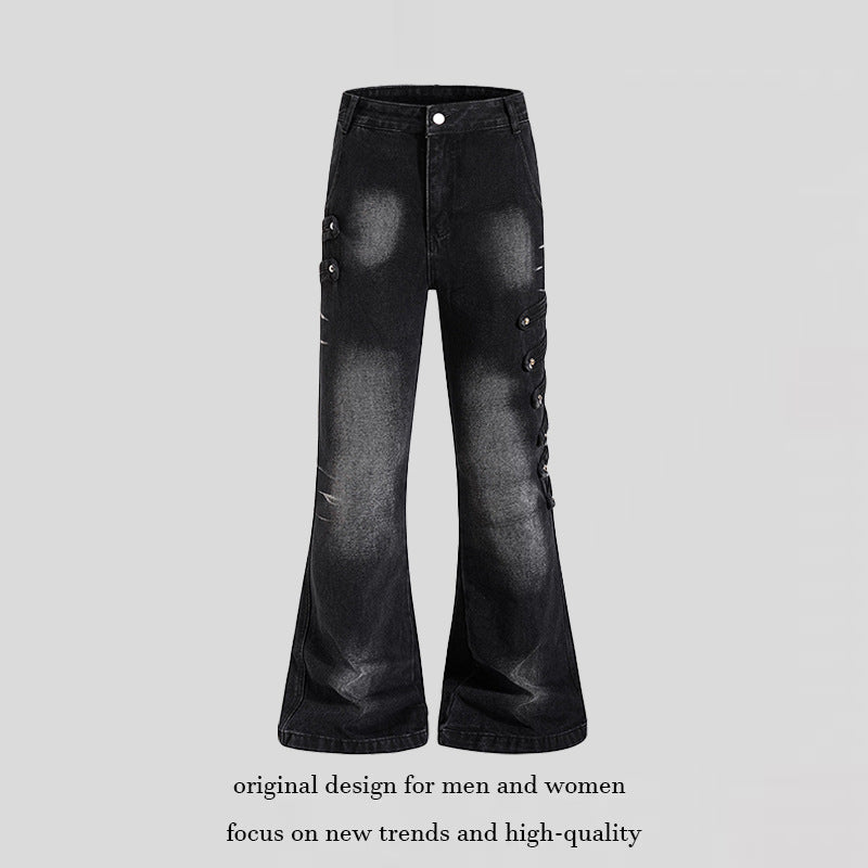 Ladies Wide Jeans Pants with Used Effect and Side Decorative Button Strips Chichicherry