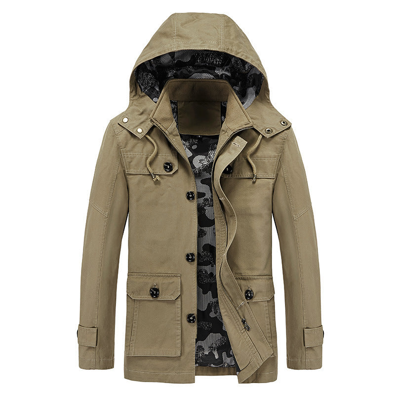 Men's Canvas Field Jacket with Hood, Multifunctional Pockets and Camouflage Lining Chichicherry