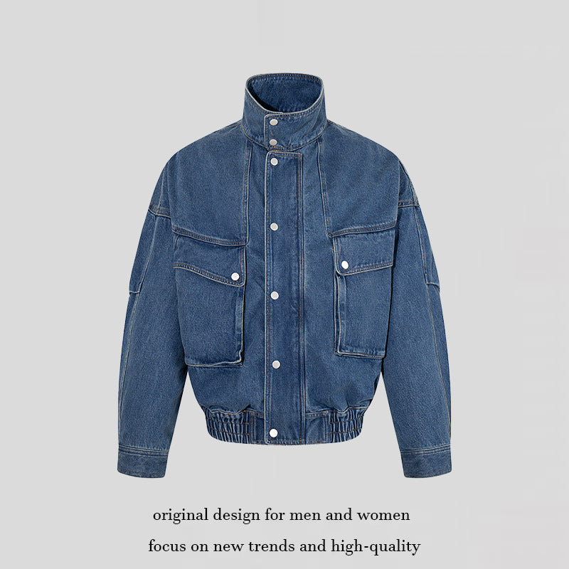 Women's Oversized Denim Jacket with Stand-up Collar, Press Stud Placket and Patch Cargo Pockets Chichicherry