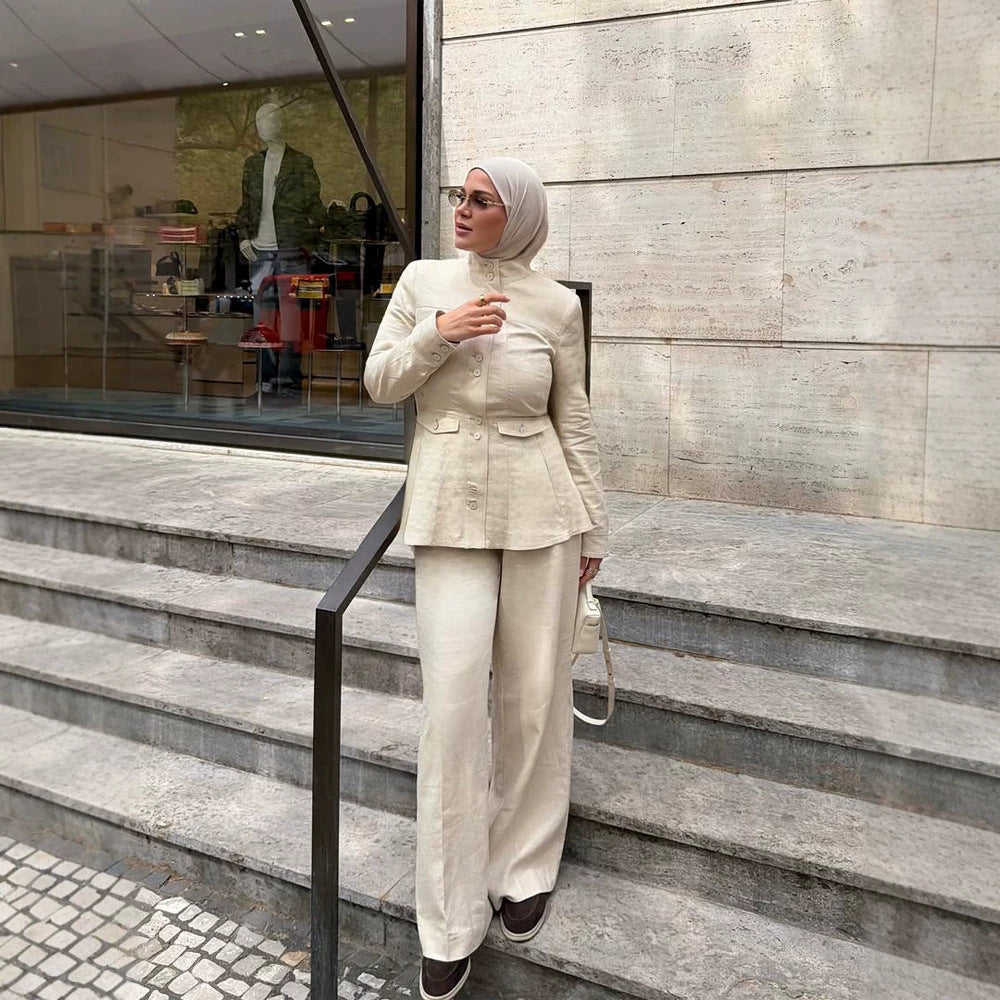 Women Tailored Linen Blazer with Stand Collar and Flouncing Peplum Chichicherry