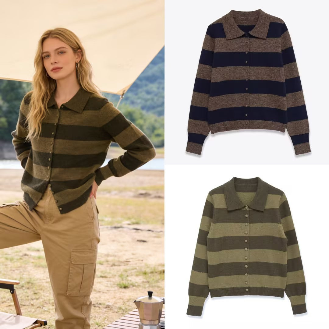 Women's Striped Cardigan with Polo Collar and Button Placket Chichicherry