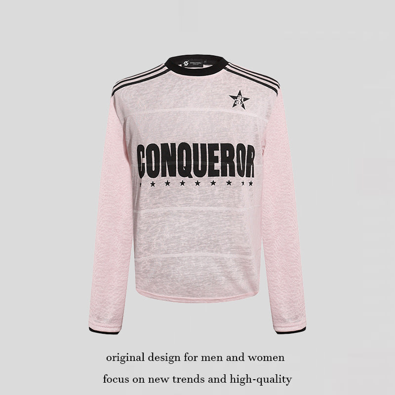 Women's long sleeve shirt with statement print, sport stripes and textured slub look Chichicherry