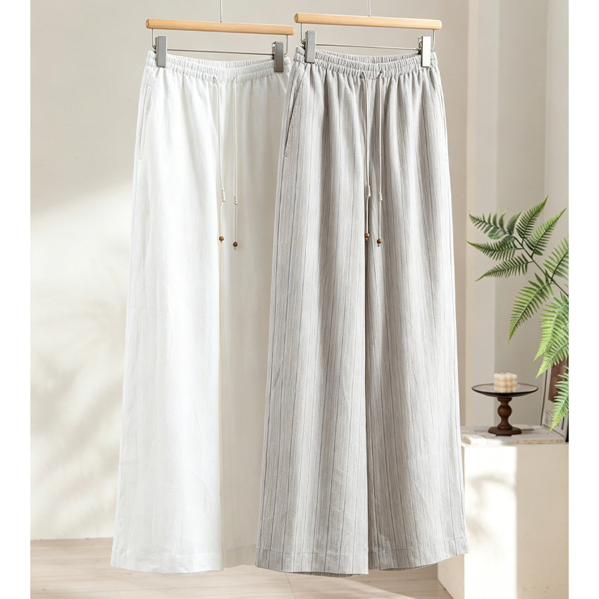 Women's Wide Linen Look Pants with Elastic Waistband, Drawstring and Fine Pinstripe Structure Chichicherry