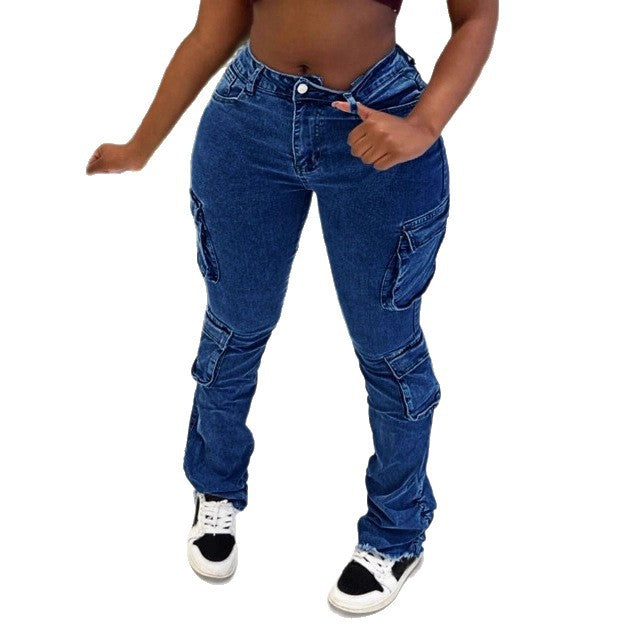 Ladies High-Waisted Cargo Jeans with Multiple Flap Pockets & Flared Hem Chichicherry