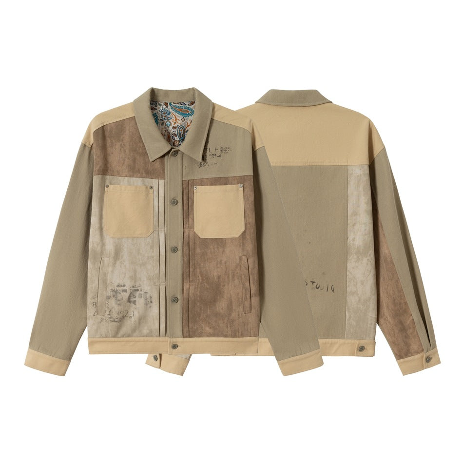Men's Patchwork Canvas Blouson Jacket in Vintage Look with Contrast Pockets and Paisley Lining Chichicherry