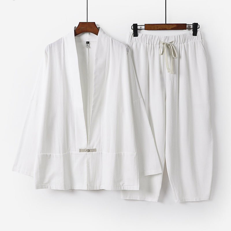 Unisex Casual Kimono Loungewear Set made of lightweight Linen Blend with Drawstring Pants Chichicherry