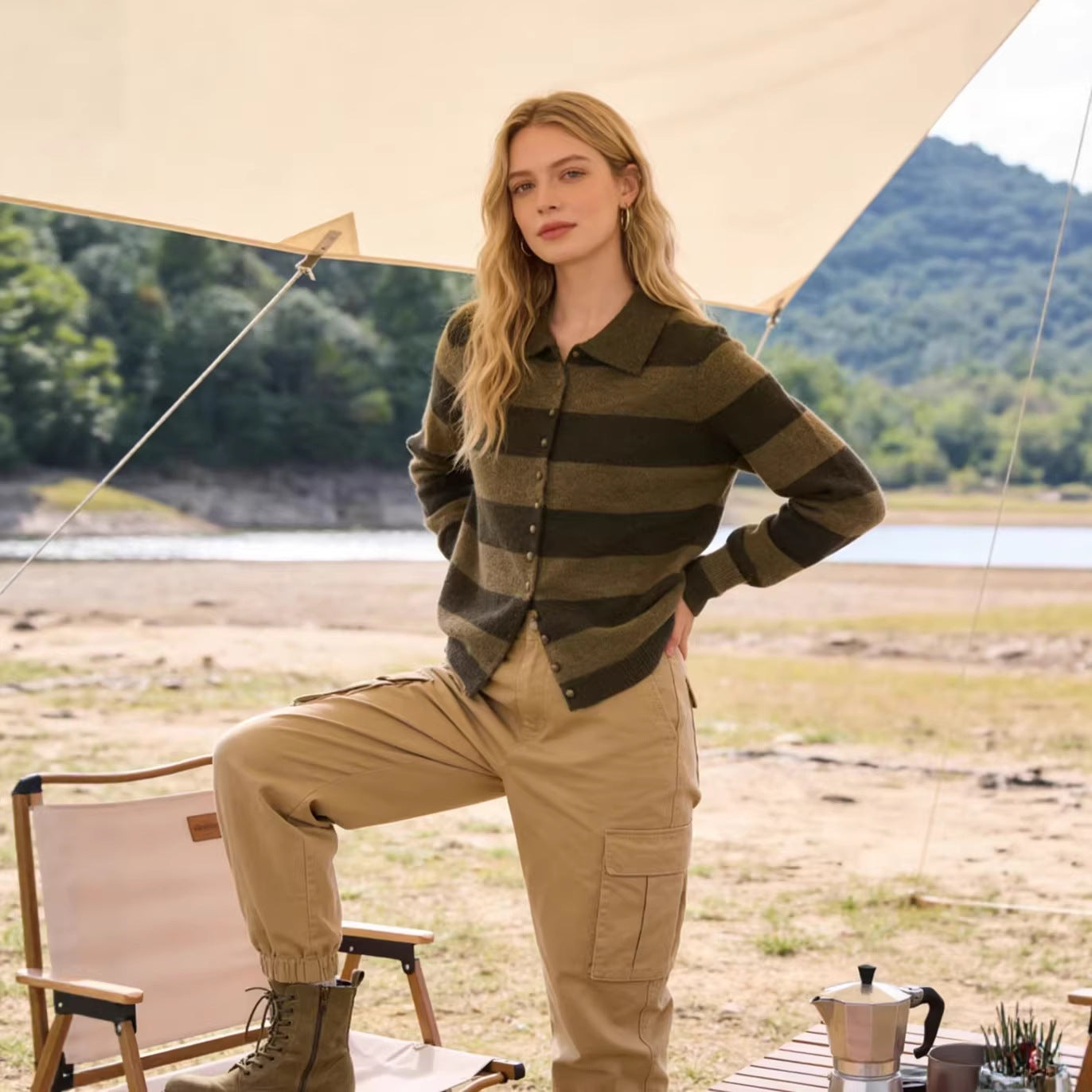 Women's Striped Cardigan with Polo Collar and Button Placket Chichicherry