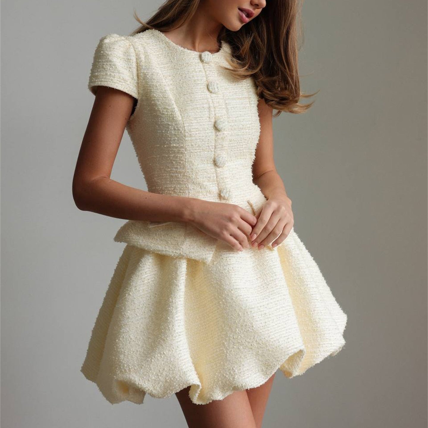 Women's Figure-Hugging Tweed Mini Dress with Peplum and Button Placket Chichicherry