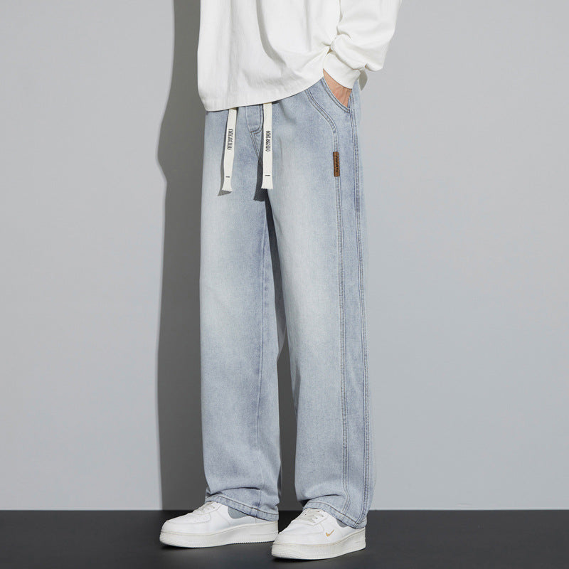 Men's Wide Denim Pants in Lounge Style with Drawstring Waist and Straight Leg Chichicherry