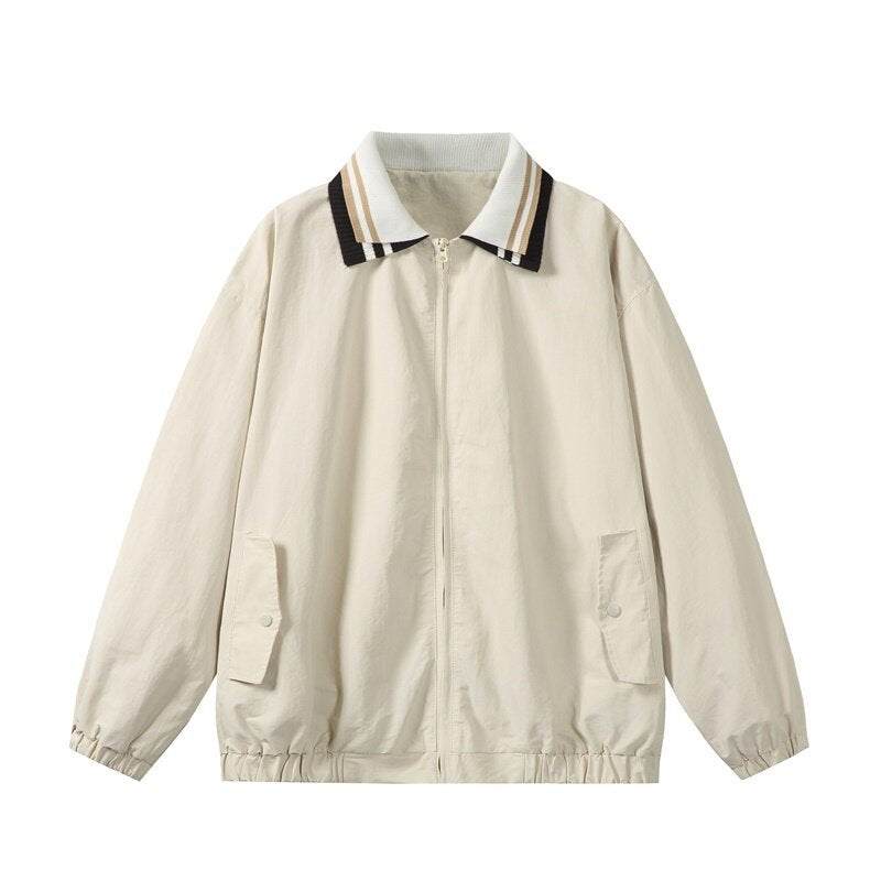 Men's Lightweight Harrington-Style Bomber Jacket with Striped Ribbed Collar and Snap Button Pockets Chichicherry