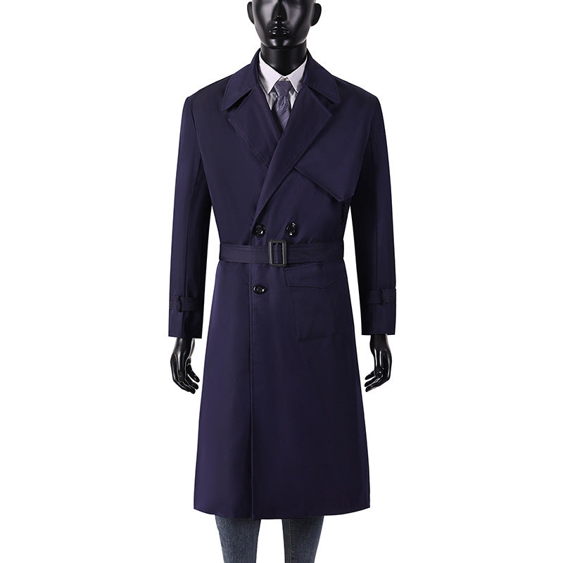 Men's long coat in trench coat style with storm flap, asymmetrical pockets and classic lapel Chichicherry