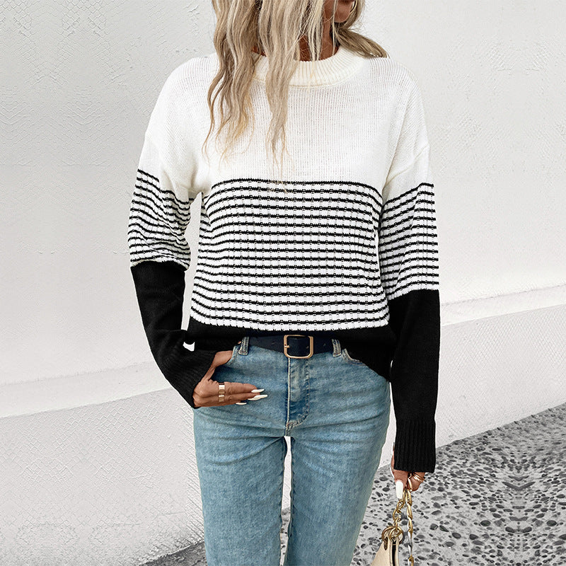 Women's Relaxed-Fit Block Stripe Fine Knit Sweater with Ribbed Cuffs and Dropped Shoulder Chichicherry