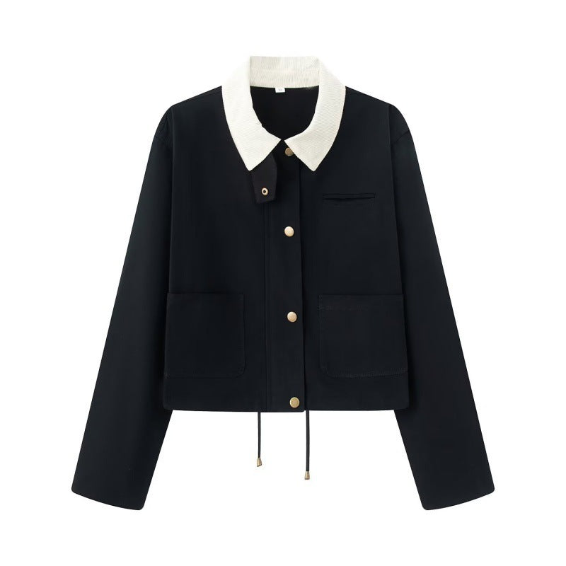 Women's Cropped Workwear Jacket with Cord Collar, Press Buttons and Drawstring Chichicherry
