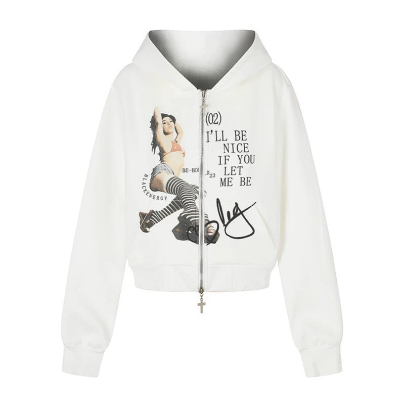 Women's Hooded Sweat Jacket with Photo Print, Short Cropped Cut and Cross Zipper Chichicherry