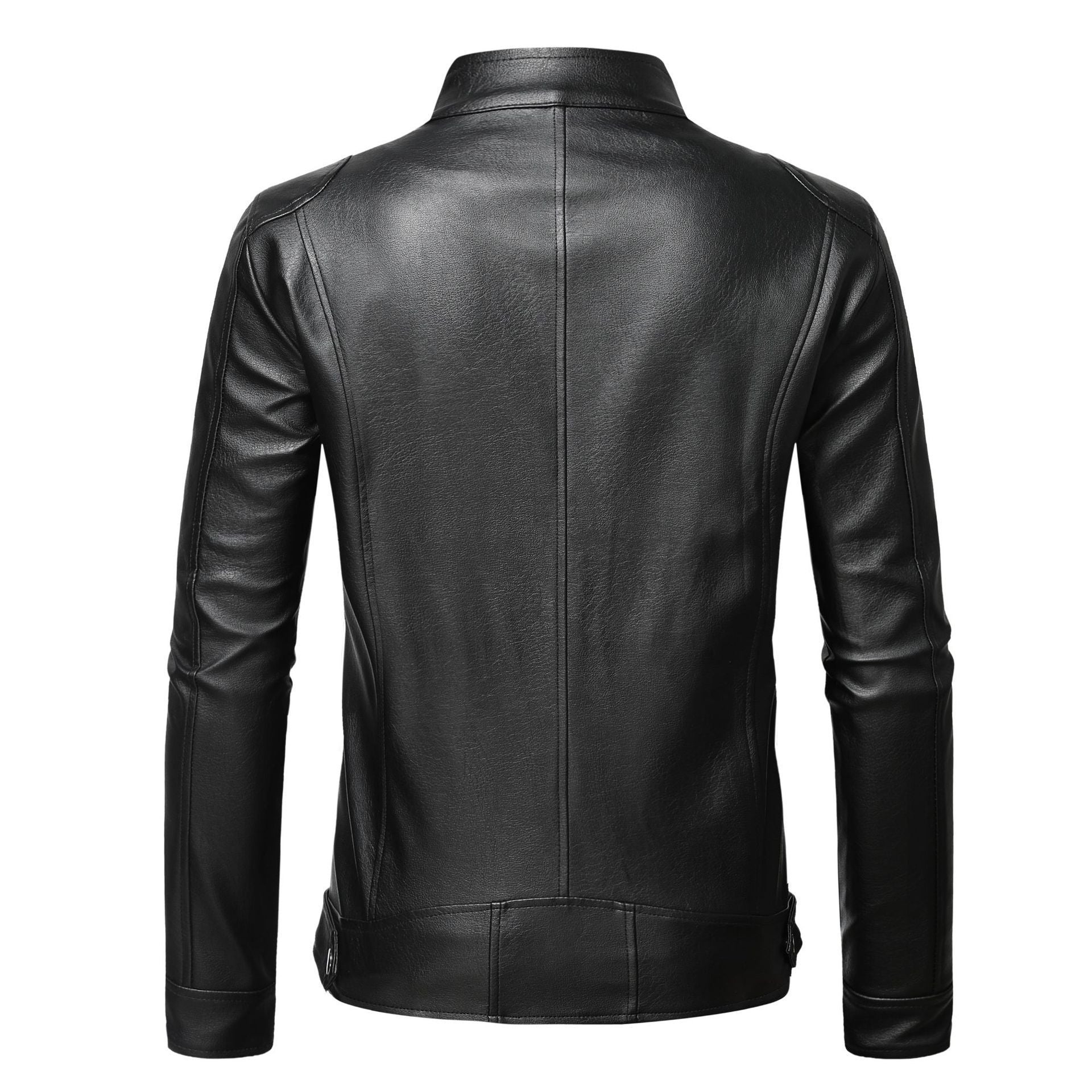 Men's Slim Leather Jacket in Urban Biker Style with Stand Collar and Chest Zipper Pockets Chichicherry