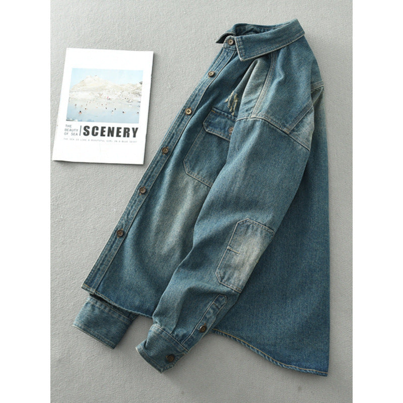 Herren Denim-Hemdjacke im Used-Look mit aufgesetzten Brusttaschen und Knopfleiste Chichicherry