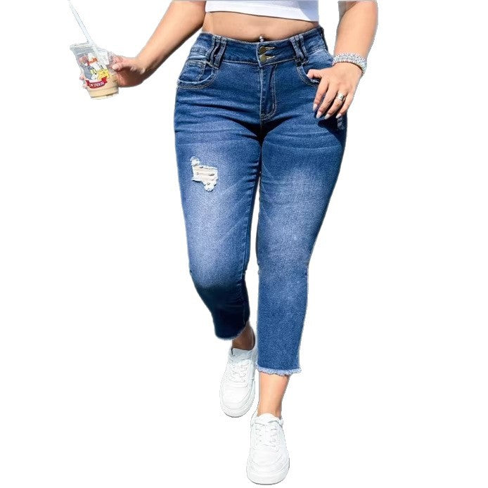 Women's High-Waisted Cropped Skinny Jeans made of Superstretch Denim with Double Button Placket and Raw Fringe Hem Chichicherry