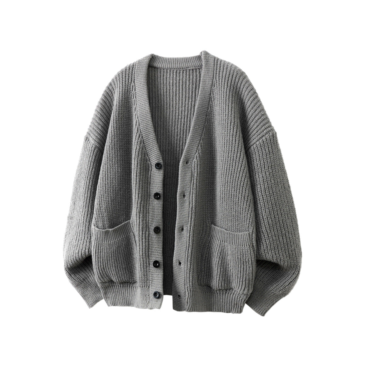 Unisex Oversize Chunky Knit Cardigan with V-Neck, Button Placket and Patch Pockets Chichicherry