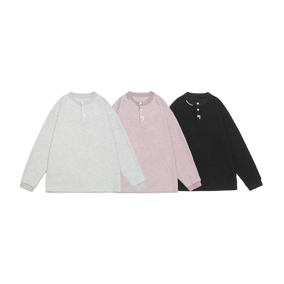 Unisex Ribbed Oversized Henley Sweater with Button Placket Chichicherry
