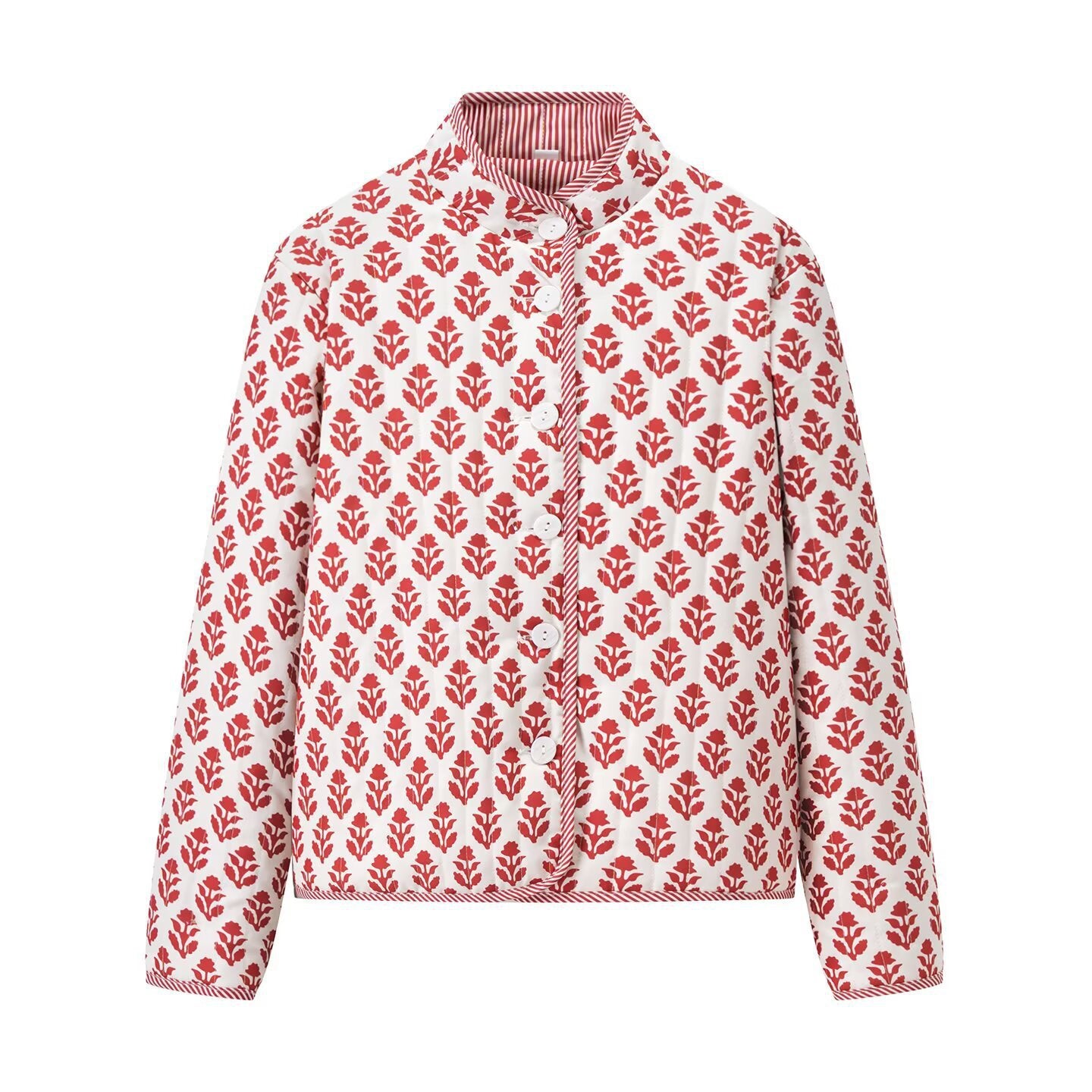 Women's Lightweight Printed Cotton Jacket with Stand Collar and Striped Cuffs Chichicherry