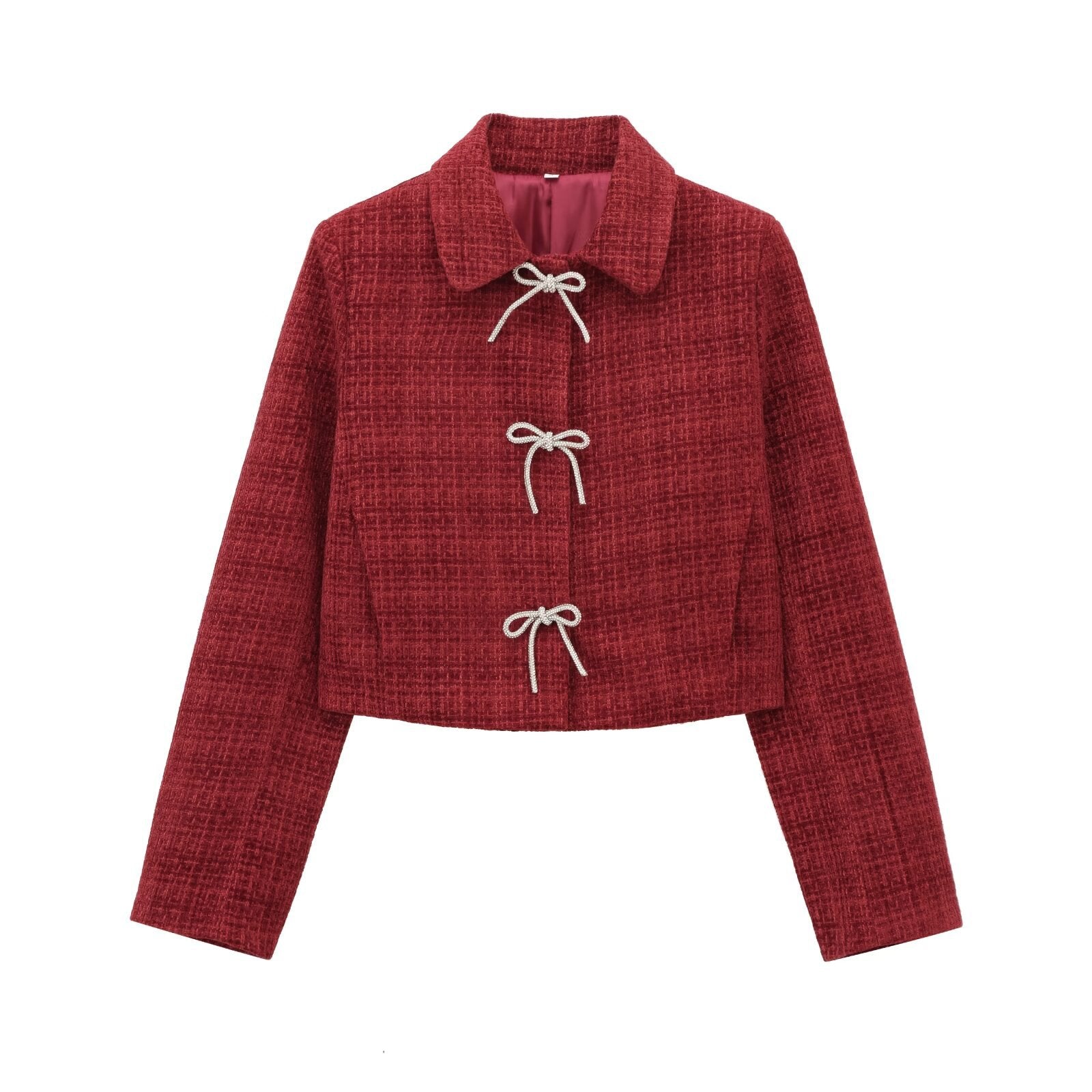 Women's Short Boucle Tweed Jacket with Peter Pan Collar and Decorative Bow Closures Chichicherry