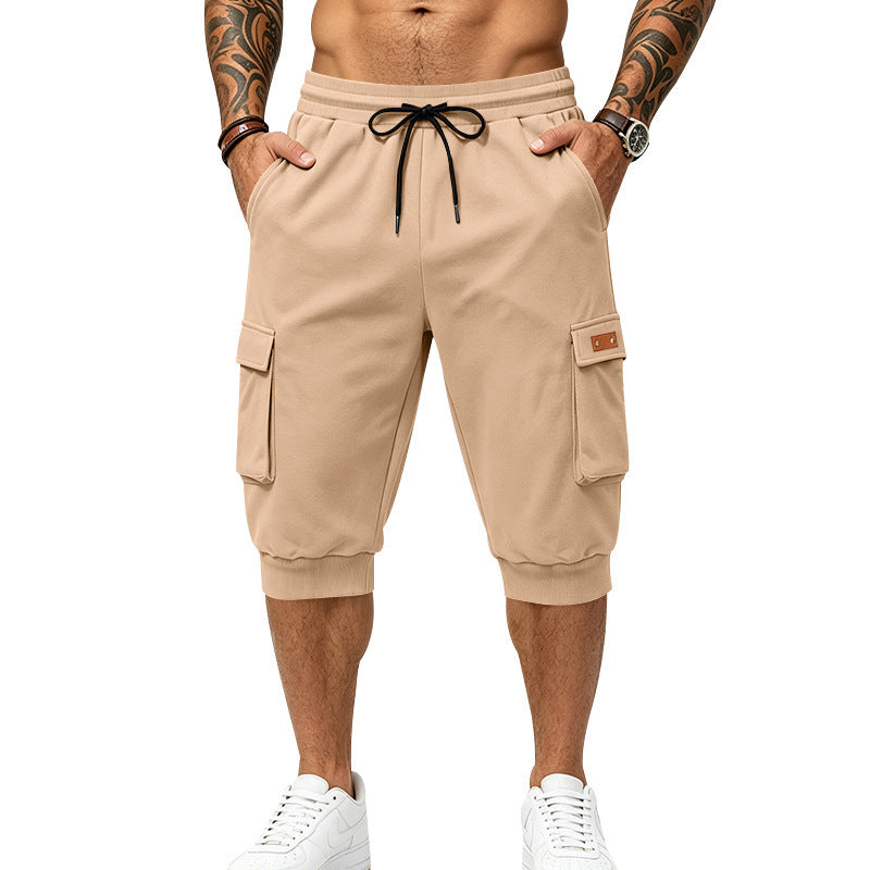 Men's Three-Quarter Cargo Jogging Pants with Drawstring, Patch Pockets, and Ribbed Cuffs Chichicherry