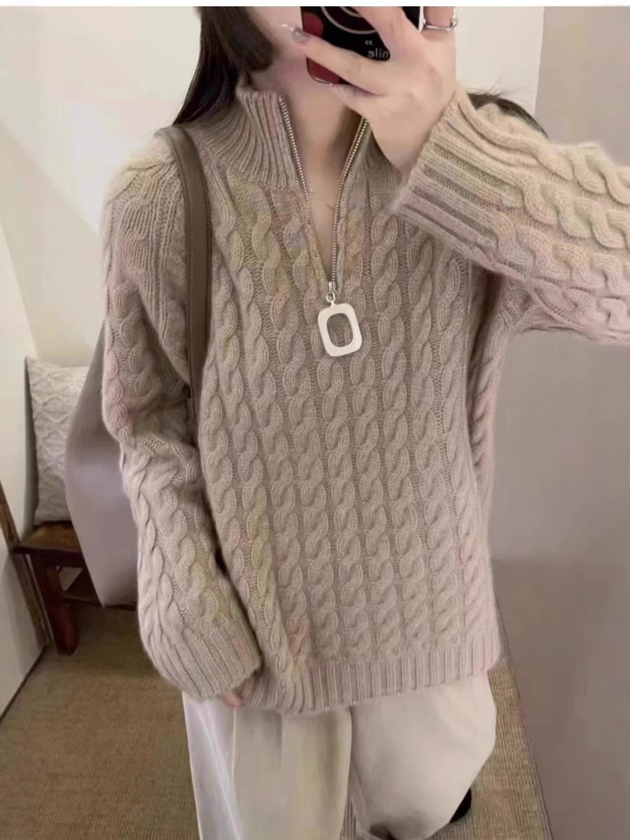 Ladies Oversize Cable Pattern Fine Knit Sweater with Half Zipper and Stand-Up Collar Chichicherry