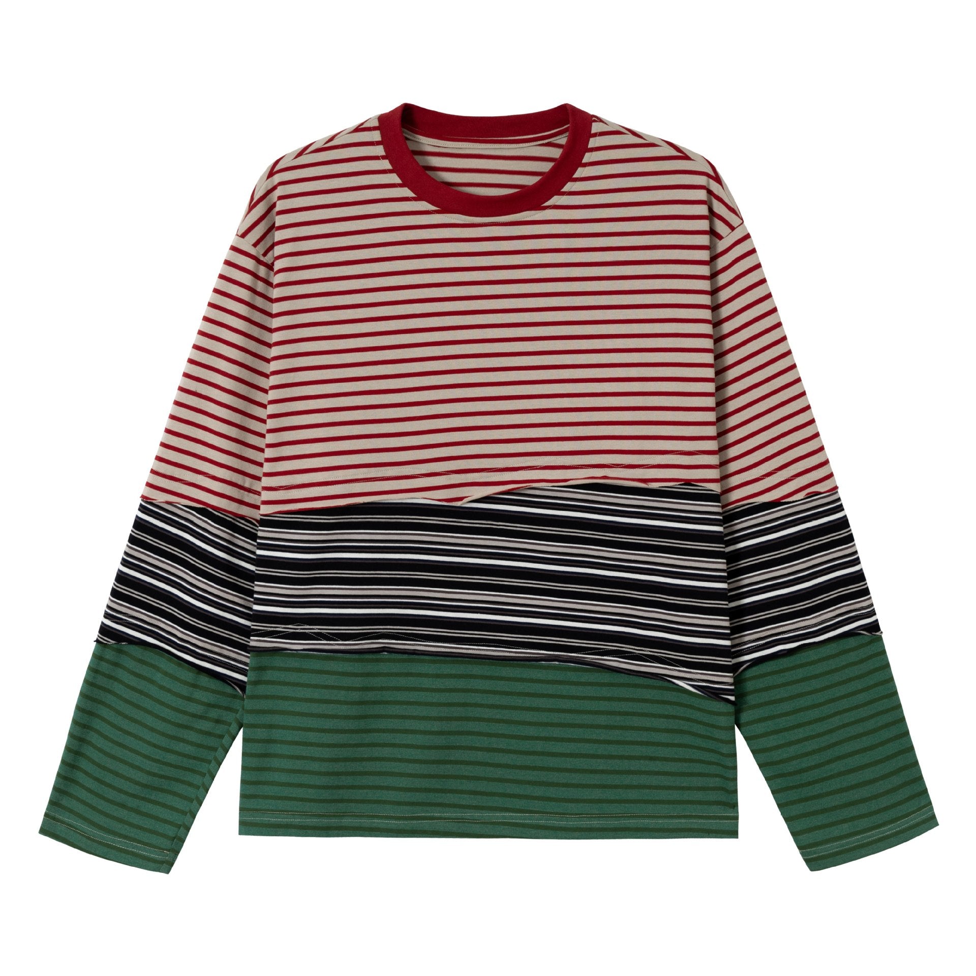 Women's Striped Long Sleeve Cropped Shirt with Color Block and Round Neck