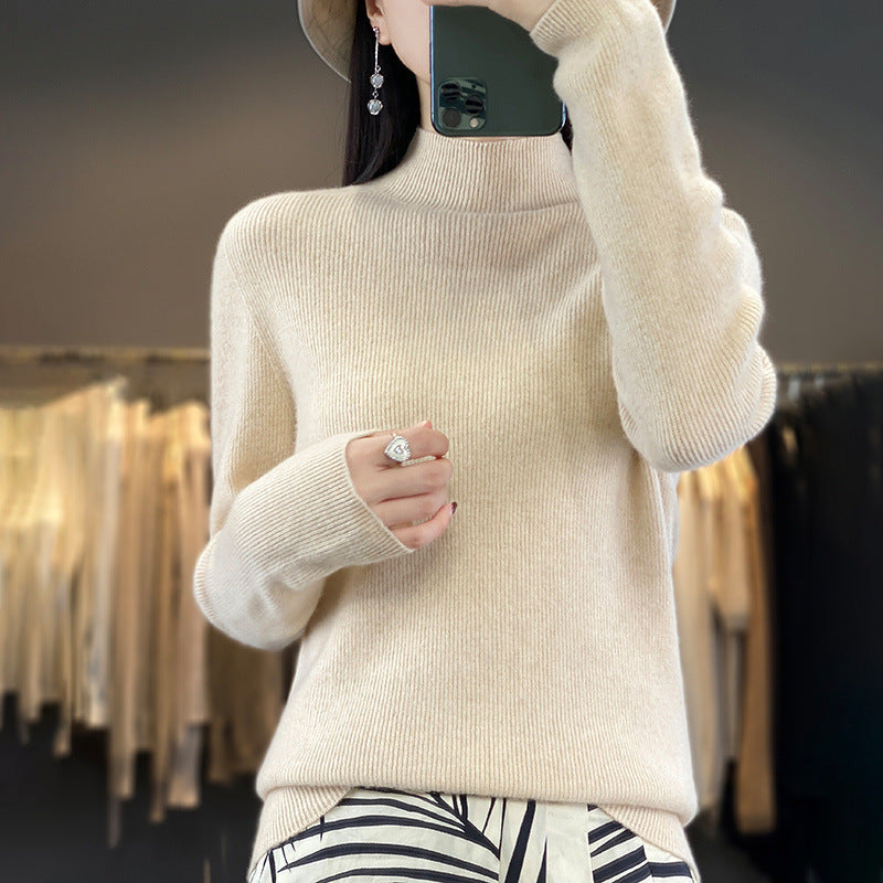 Women's Premium Fine Knitted Mock Neck Sweater with Extra Long Sleeve Cuffs and Fine Ribbed Structure Chichicherry