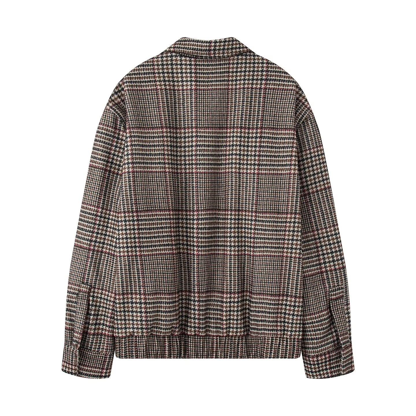 Women's Oversize Short Jacket in Houndstooth Pattern with Stand Collar and Elastic Hem Chichicherry