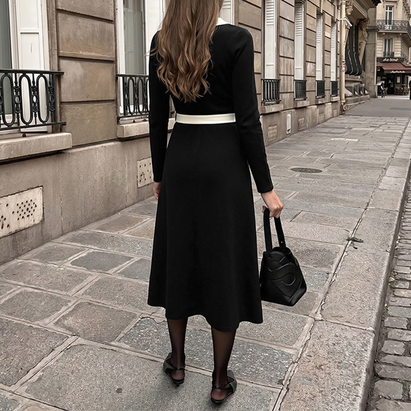 Women's Elegant A-Line Midi Dress with V-Neck, Decorative Button Placket, Contrast Piping & Tie Belt Chichicherry