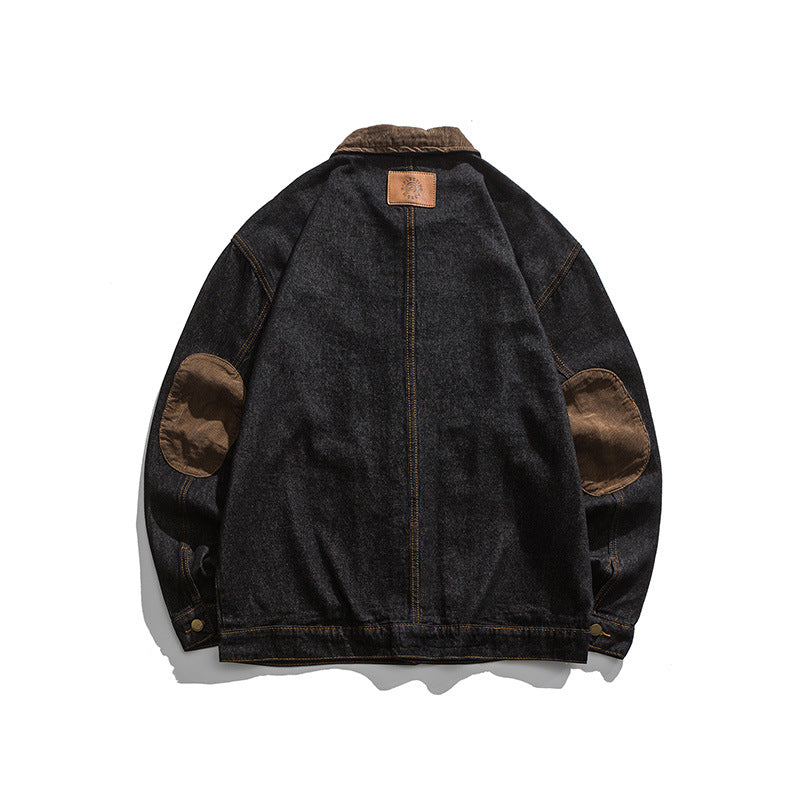 Men's Boxy Denim Work Jacket with Cord Collar, Flap Pockets and Elbow Patches Chichicherry