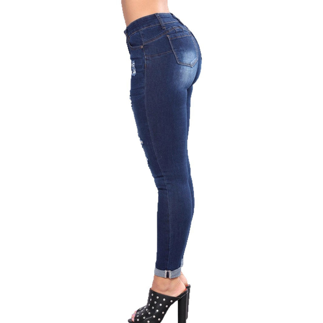Women's High-Waisted Skinny Jeans with Destroyed Inserts and Cuffed Hem Chichicherry