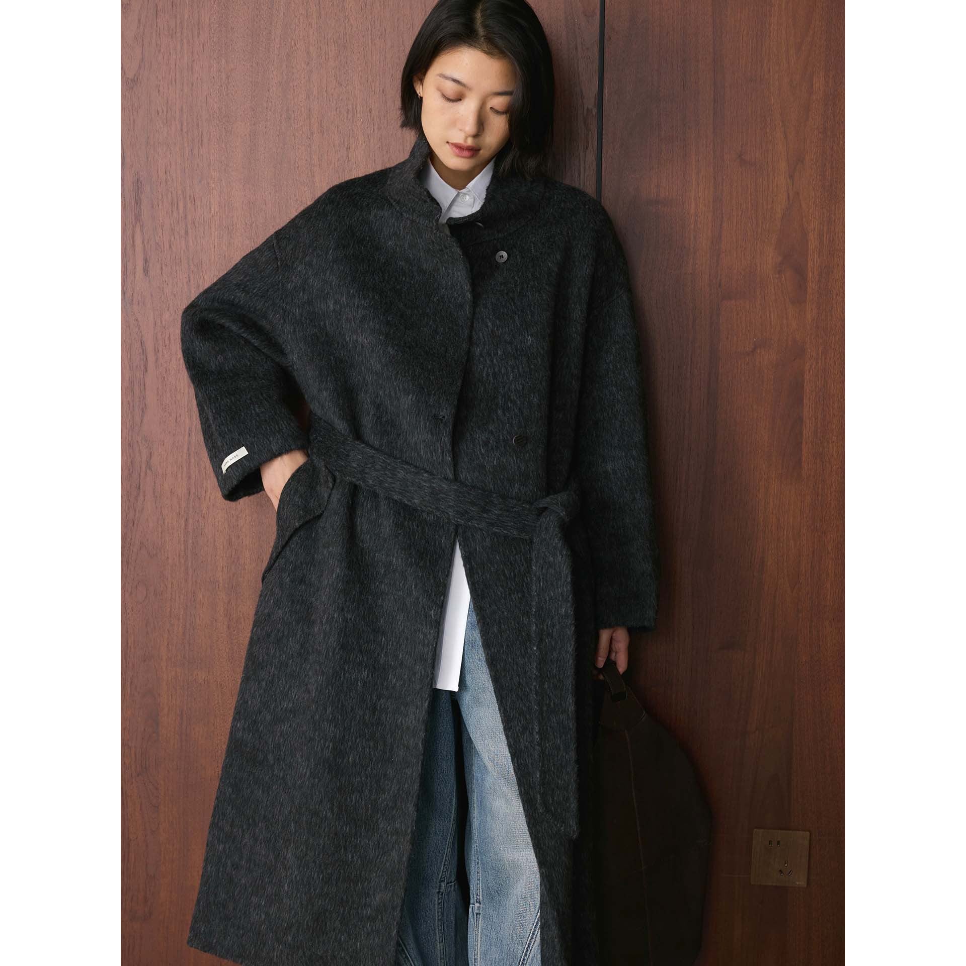 Women Oversized Wool Blend Coat with Asymmetrical Stand-Up Collar Chichicherry
