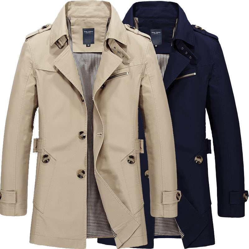 Men's Short Double-Breasted Trench Coat with Lapel Collar, Epaulets and Checked Lining Chichicherry