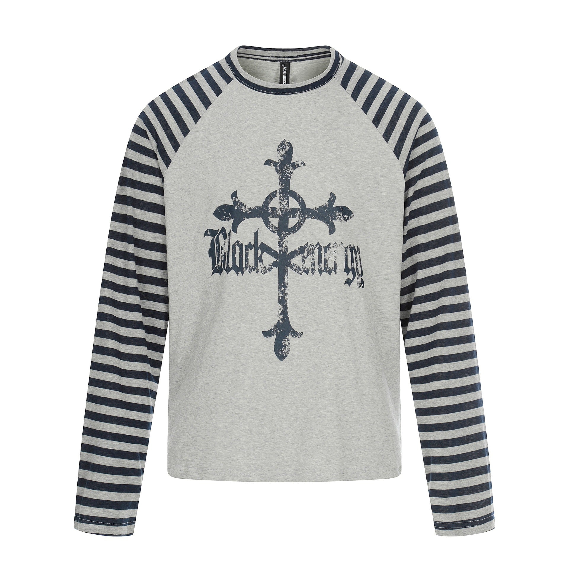 Men's Long Sleeve Raglan Shirt with Striped Sleeves and Vintage Print Chichicherry