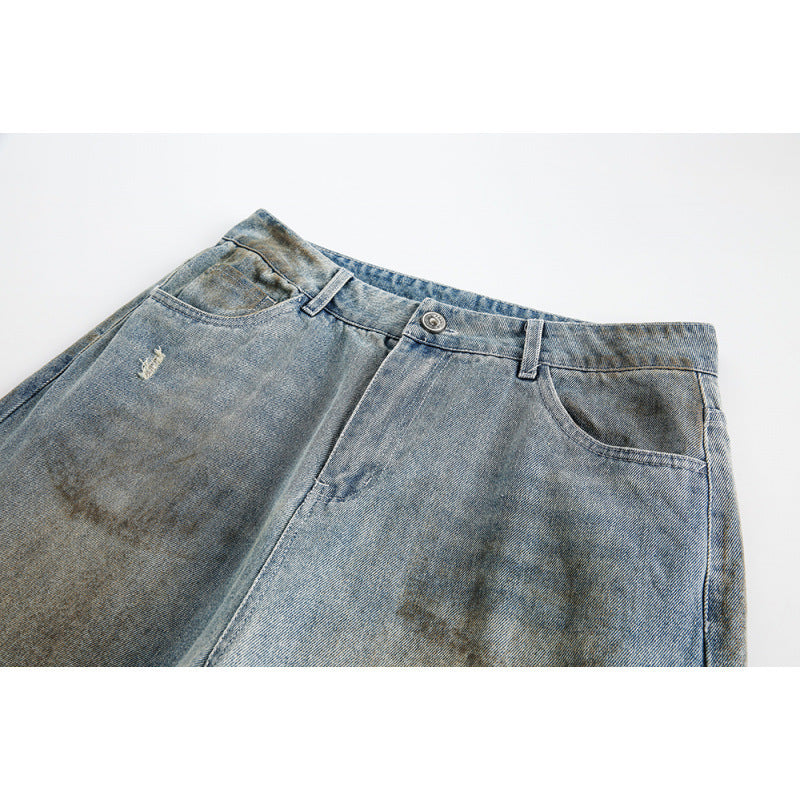 Ladies Wide Baggy Jeans with High Waist, Used Wash and Rip Details Chichicherry