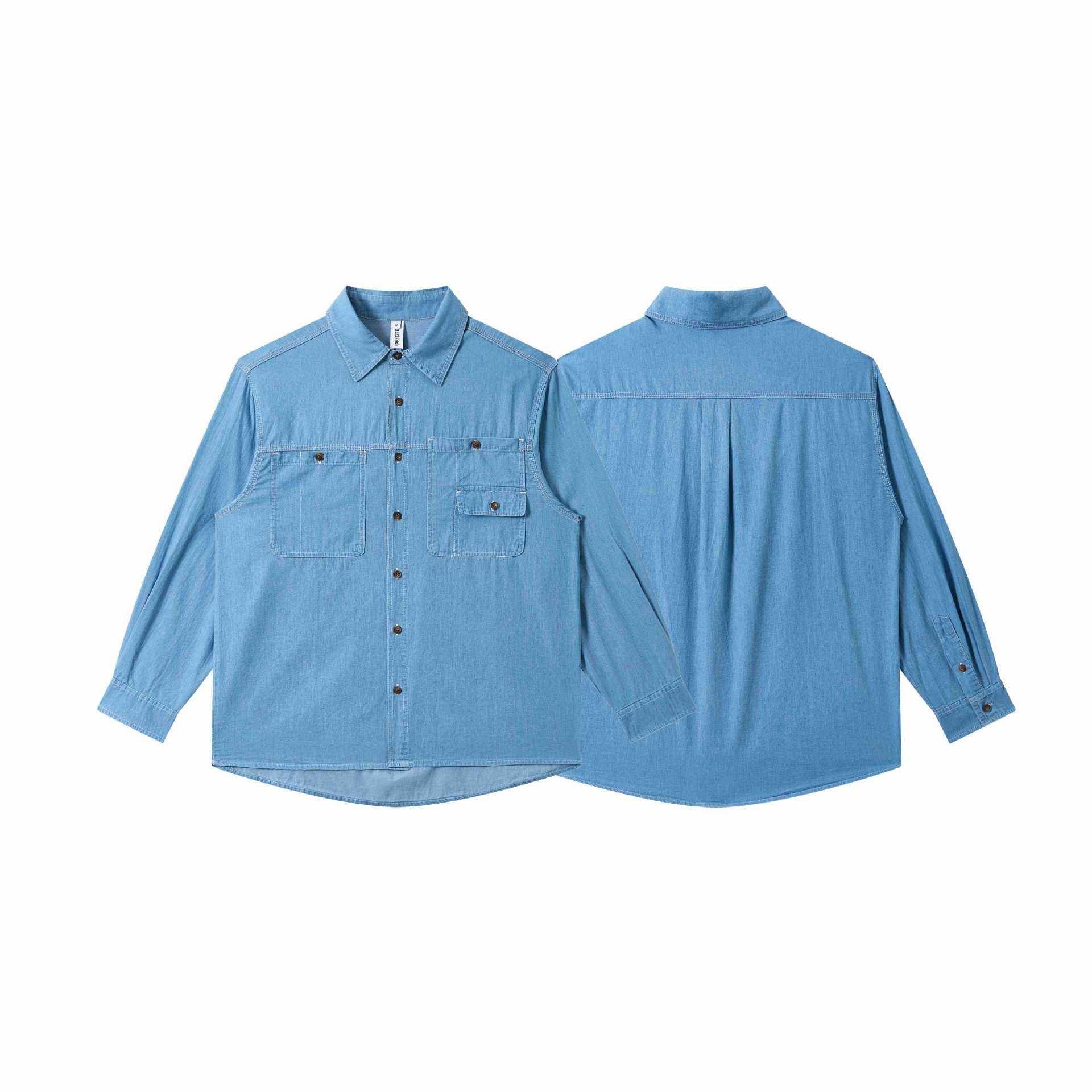 Men's Lightweight Worker Denim Shirt with Boxy Cut, Double Chest Pocket and Rounded Hem Chichicherry