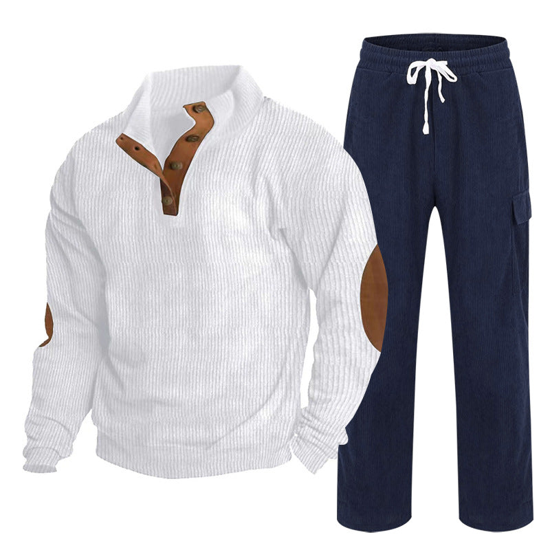 Men's Cozy Leisure Set made of Waffle Knit Henley with Elbow Patch and Relax Cargo Pants Chichicherry